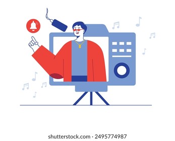 Stylish man wearing necklace and glasses recording music, hiphop singer. Character design. Vector flat illustration