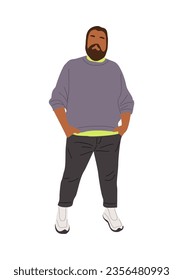 Hombre elegante con ropa de moda callejera, traje casual inteligente. Simpático hombre de tamaño Plus de pie largo en suéter y pantalones. Dibujo realista del vector de caracteres masculino aislado en fondo blanco