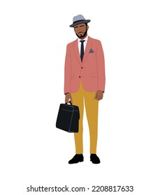 Stylish man wearing trendy colorful vintage suit, hat, holding briefcase. Street fashion men concept. Cartoon style handsome male character vector realistic illustration isolated on white background.