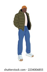 Stylish man wearing trendy modern street style winter outfit. Handsome black guy in down jacket, beanie hat and jeans. Street fashion men vector illustration isolated on white background.