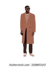 Stylish man wearing trendy vintage coat. Street fashion men concept. Cartoon style handsome male character vector realistic illustration isolated on white background.