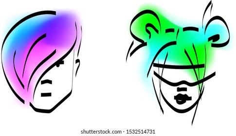 Stylish man and woman with the colored hair. Glamor Fashion concept. Vector illustration isolated.