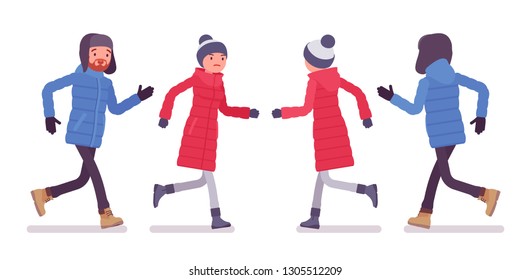 Stylish man and woman in a down jacket running, wearing soft warm winter clothes, classic snow boots and hat. City outfit concept. Vector flat style cartoon illustration isolated on white background