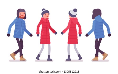 Stylish man and woman in a down jacket walking, wearing soft warm winter clothes, classic snow boots and hat. City outfit concept. Vector flat style cartoon illustration isolated on white background