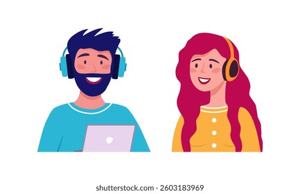 Stylish man and woman in headphones. Bearded hipster works on laptop and smiling girl listens to new podcast
