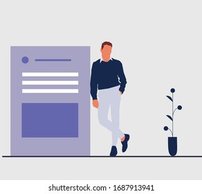 Stylish Man At Work . Space For Text. Flower in a pot