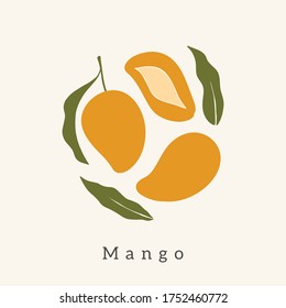 Stylish Mango vector design. Contemporary art print. Abstract hand drawn mango fruit and leaves for postcards, print, posters, covers, etc.