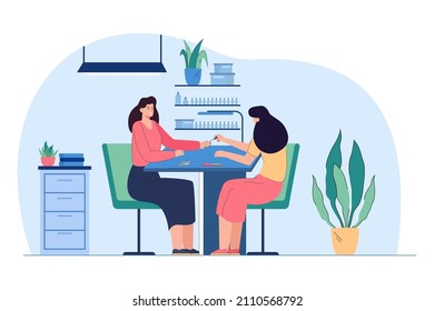 Stylish manicure and nail treatment for lady in beauty salon. Women sitting in armchairs at table of luxury manicurists parlor interior flat vector illustration. Fashion business, lifestyle concept