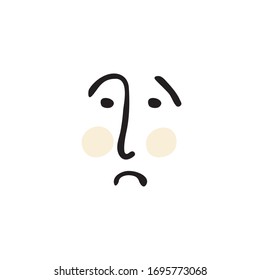Stylish man's or boy's face expression of sad. Doodle character with mouth, cheeks and eyes, face emotion, comic avatar isolated on white background. Vector illustration