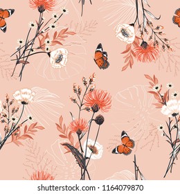 Stylish of  many kind of  flower, plants ,botanical ,butterfly,seamless pattern vector design for fashion,fabric,wallpaper and all prints on sweety pink background color