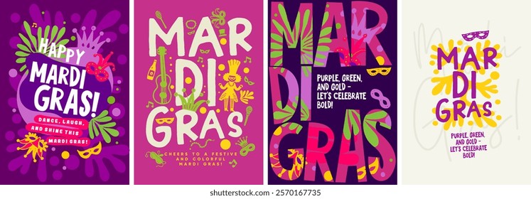 Stylish Mardi Gras poster featuring festive colors, bold masks, and playful typography, capturing the vibrant essence of the celebration.