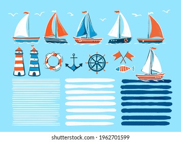 Stylish marine cartoon hand-drawn set of sailboats. Vector illustration on an isolated background - marine elements for your design.