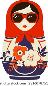 Stylish matryeshka doll in sunglasses, russian folk doll, trendy print. Vector illustration.