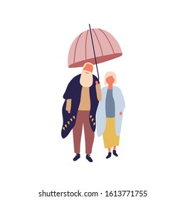 Stylish mature cartoon male and female under umbrella vector flat illustration. Fashionable elderly couple wearing season outfit isolated on white background. Aged family character autumn promenade.