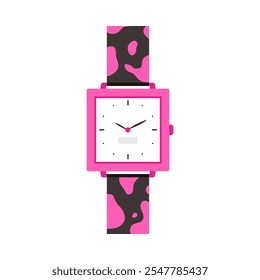 Reloj de pulsera mecánico con estilo con patrón de leopardo en Ilustración vectorial de correa de cuero rosa y negro