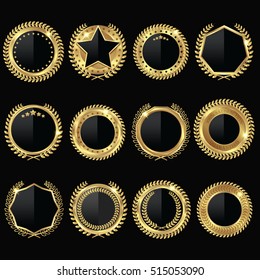 Stylish medal style labels set with golden round medal garland and sleek centerpiece on black background vector illustration