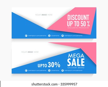 Elegante cabecera de página de Mega Sale o banner conjunto con diferentes ofertas de descuento en productos exclusivos.