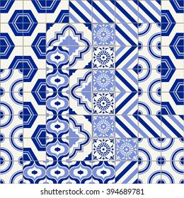 Stylish mega seamless pattern patchwork mix of six Moroccan tiles in trendy shades of blue.