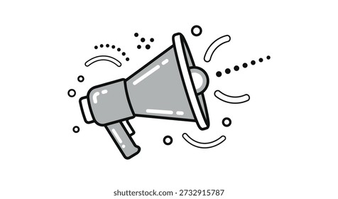 A stylish megaphone icon in a grey line art style with decorative graphic elements, perfect for representing marketing, news, or digital broadcasting. This flat design vector is suitable for business logos, website banners, social media alerts, or mobile app icons
