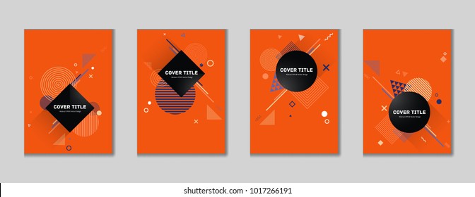 Stylish memphis cover collection pattern with white and pink geometrical shapes on orange background. Variegated first page cover assortment. Colorful memphis style background for corporate purpose.