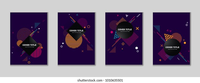 Stylish memphis cover collection vector with white, orange, cyan and red geometrical shapes on purple background. Variegated first page cover set. Colorful memphis style pattern for corporate purpose.