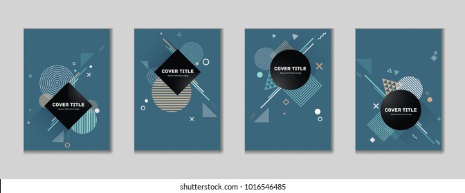 Stylish memphis cover collection vector with white, green and brown geometrical shapes on blue background. Variegated first page cover kit. Colorful memphis style design for corporate purpose.