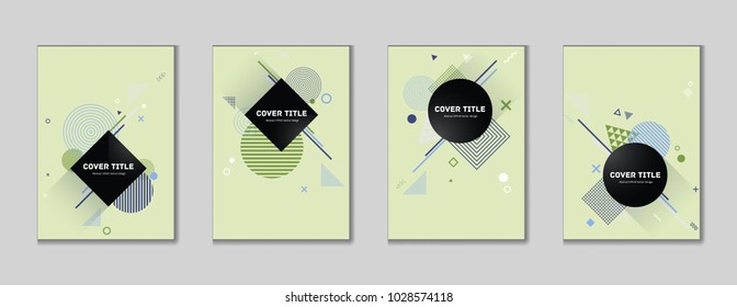 Stylish memphis cover collection vector with white, blue, grey and purple geometrical shapes on green background. Variegated first page cover kit. Colorful memphis style design for business purpose.