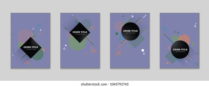 Stylish memphis cover collection vector with white, green, pink and cyan geometrical shapes on violet background. Variegated first page cover assortment. Memphis style design for advertisement purpose