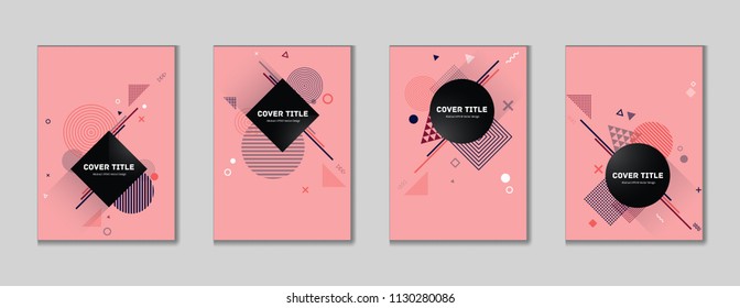 Stylish memphis cover collection vector with white, violet and red geometrical shapes on background. Variegated first page cover set. Colorful memphis style vector for advertisement purpose.