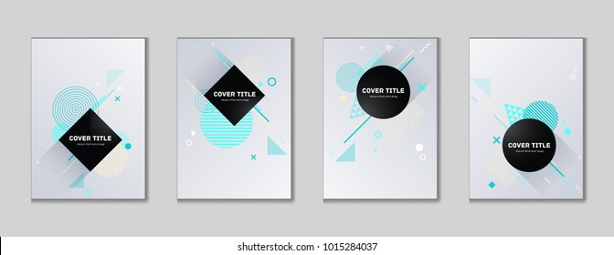 Stylish memphis cover kit. Cool memphis template front page set with white, cyan and blue shapes, isolated on light background. Memphis style cover illustration collection for marketing purpose.