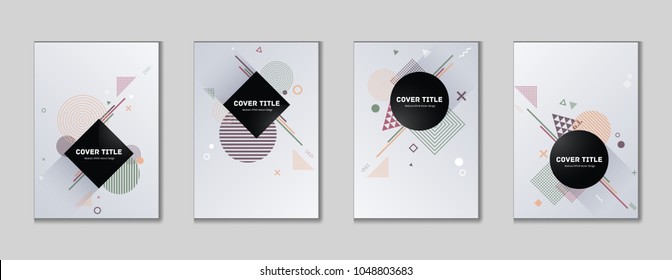 Stylish memphis cover kit. Cool memphis texture front page set with white, green and orange shapes, isolated on light background. Memphis style cover illustration assortment for marketing purpose.