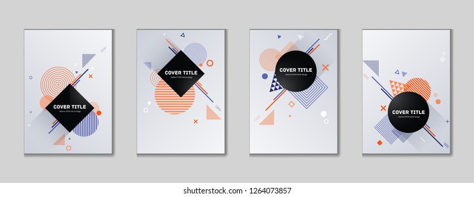 Stylish memphis cover kit. Cool memphis template front page set with white, and shapes, isolated on light background. Memphis style cover vector set for advertisement purpose.