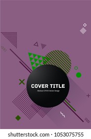 Stylish memphis design placard pattern with white, green and violet shapes on purple background. Cool memphis texture placard page. Front page vector for college notebook, dairy or notepad.