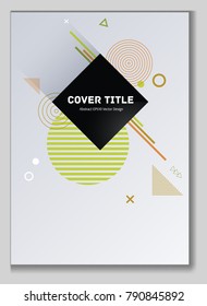 Stylish memphis design placard vector with white, lime green, orange and yellow shapes. Cool memphis template placard page. Front page design for corporate notebook, dairy or notepad.