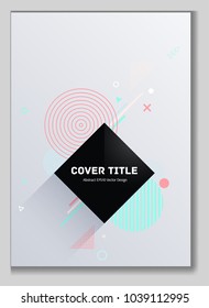 Stylish memphis front cover background with white, cyan, peach red and beige geometrical shapes. Minimalistic front page texture. Colorful title page illustration for business notebook or notepad.