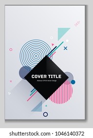 Stylish memphis front cover background with white, pink, blue and cyan geometrical shapes. Minimalistic front page texture. Colorful title page backdrop for college notebook, dairy or notepad.