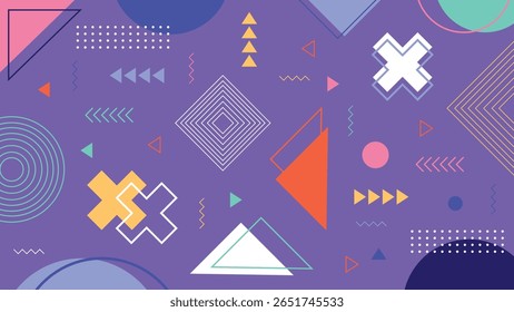 Stylish Memphis-inspired abstract design with layered triangles, diamonds, and crosses on a vibrant purple background.