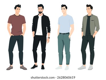 Stylish Men in Different Outfits. A set of fashionable men dressed in various outfits, including casual, formal, and street-style looks.