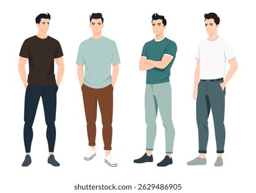 Stylish Men in Different Outfits. A set of fashionable men dressed in various outfits, including casual, formal, and street-style looks.