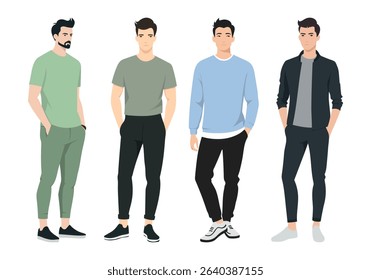 Stylish Men in Different Outfits. A set of fashionable men dressed in various outfits, including casual, formal, and street-style looks.