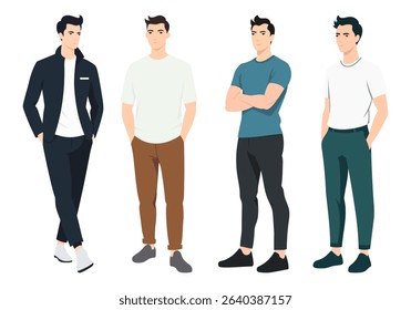 Stylish Men in Different Outfits. A set of fashionable men dressed in various outfits, including casual, formal, and street-style looks.