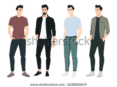 Stylish Men in Different Outfits. A set of fashionable men dressed in various outfits, including casual, formal, and street-style looks.