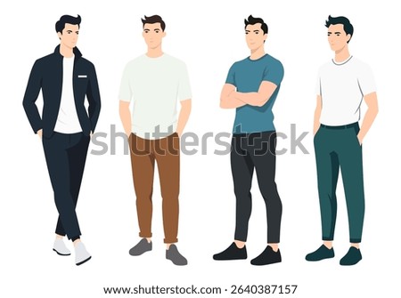Stylish Men in Different Outfits. A set of fashionable men dressed in various outfits, including casual, formal, and street-style looks.