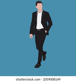 Stylish men with flat faces wear casual clothes on a blue background.