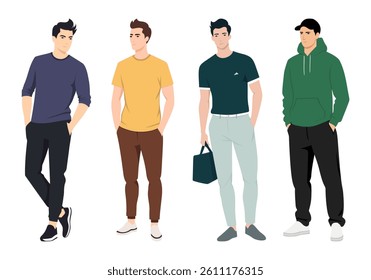 Stylish Men s Outfit Variations. A diverse set of men wearing stylish and well-coordinated outfits, featuring different tones, fabrics, and styles.