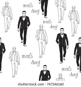 stylish men walking in suits, business men. men's day monochrome seamless pattern.  Freehand drawing vector.