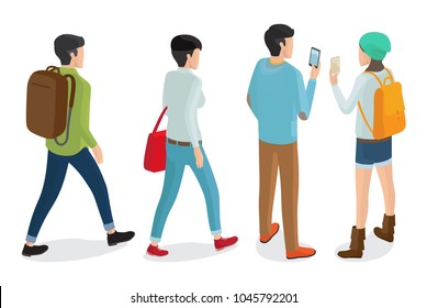 Stylish men and women models back view in fashionable apparels, jackets and trousers vector illustrations isolated on white. Students with telephone