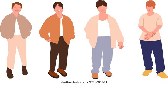 Stylish men. stylish young men. Happy men. Flat graphic vector illustrations isolated on white background. 4 stylish and smiling young people.