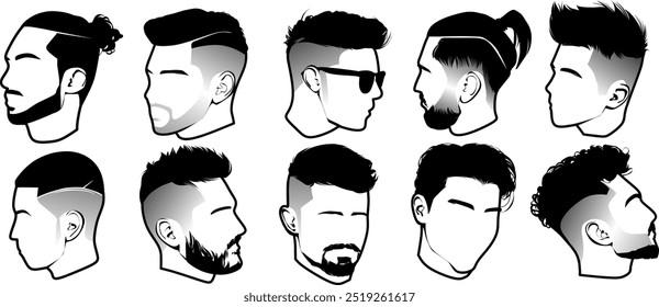 Stylish Men's Haircuts and Hairstyles Vector Illustration Set