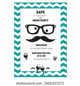 A stylish men's party invitation with a hipster mustache and glasses design. Features a zigzag background, bold typography, and party icons for a fun and modern look.